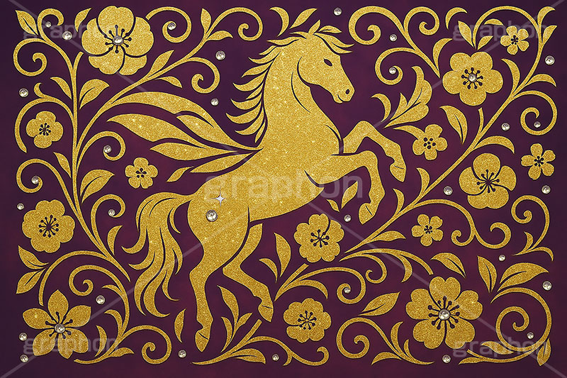 キラキラ馬ジュエル,キラキラ,ラインストーン,ジュエル,ペガサス,唐草,唐草模様,花柄,馬イラスト,午,馬,うま,ウマ,午年,干支,正月,お正月,年賀状,2026午年,午年年賀状,新年,ニューイヤー,アニバーサリー,イラスト,illustration,japan,horse
