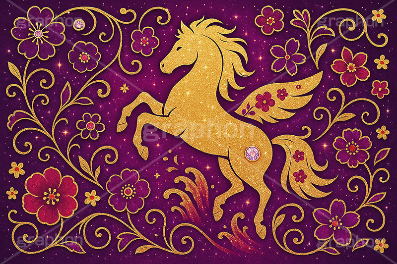 キラキラ馬ジュエル,キラキラ,ラインストーン,ジュエル,ペガサス,唐草,唐草模様,花柄,馬イラスト,午,馬,うま,ウマ,午年,干支,正月,お正月,年賀状,2026午年,午年年賀状,新年,ニューイヤー,アニバーサリー,イラスト,illustration,japan,horse