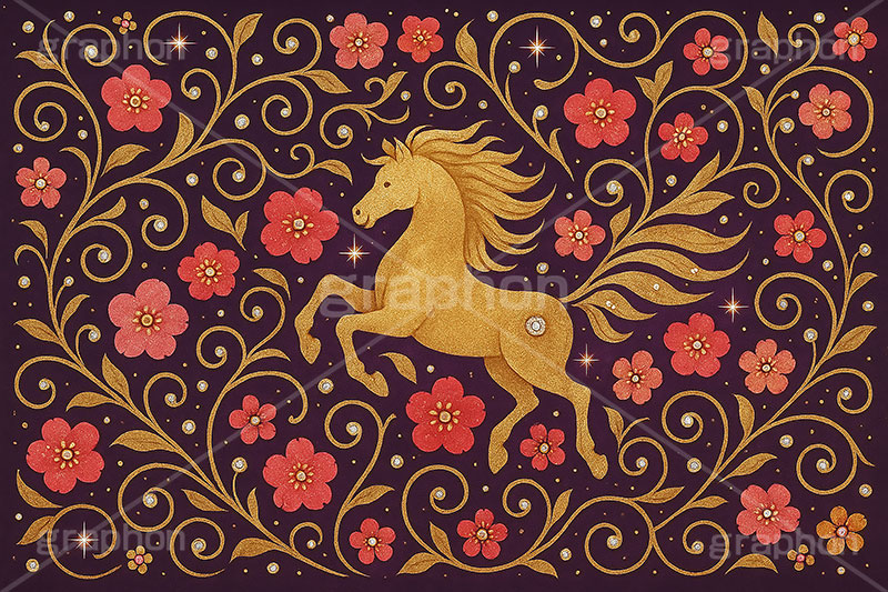 キラキラ馬ジュエル,キラキラ,ラインストーン,ジュエル,唐草,唐草模様,花柄,馬イラスト,午,馬,うま,ウマ,午年,干支,正月,お正月,年賀状,2026午年,午年年賀状,新年,ニューイヤー,アニバーサリー,イラスト,illustration,japan,horse