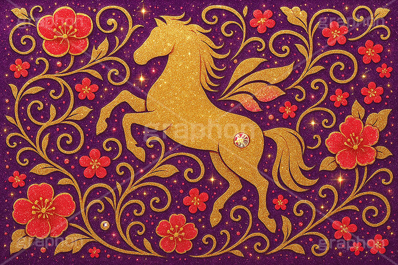 キラキラ馬ジュエル,キラキラ,ラインストーン,ジュエル,ペガサス,唐草,唐草模様,花柄,馬イラスト,午,馬,うま,ウマ,午年,干支,正月,お正月,年賀状,2026午年,午年年賀状,新年,ニューイヤー,アニバーサリー,イラスト,illustration,japan,horse