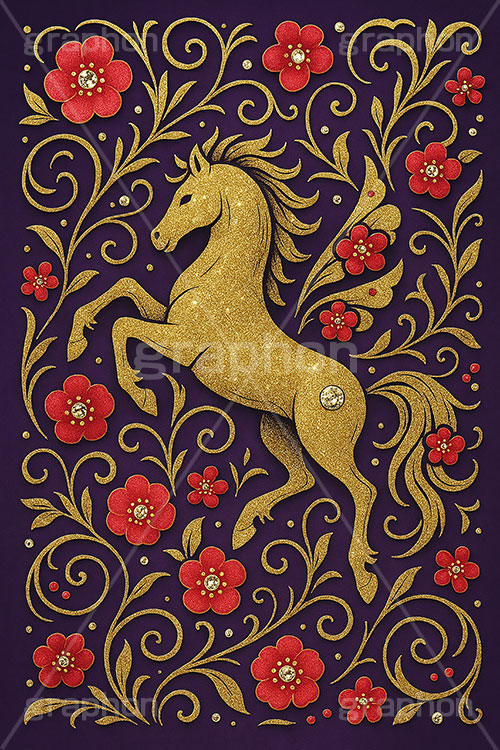 キラキラ馬ジュエル,キラキラ,ラインストーン,ジュエル,ペガサス,唐草,唐草模様,花柄,馬イラスト,午,馬,うま,ウマ,午年,干支,正月,お正月,年賀状,2026午年,午年年賀状,新年,ニューイヤー,アニバーサリー,イラスト,illustration,japan,horse