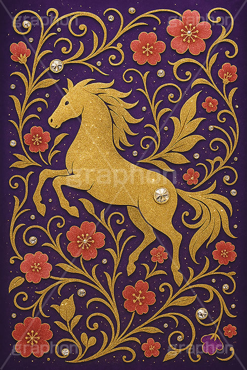 キラキラ馬ジュエル,キラキラ,ラインストーン,ジュエル,ペガサス,唐草,唐草模様,花柄,馬イラスト,午,馬,うま,ウマ,午年,干支,正月,お正月,年賀状,2026午年,午年年賀状,新年,ニューイヤー,アニバーサリー,イラスト,illustration,japan,horse