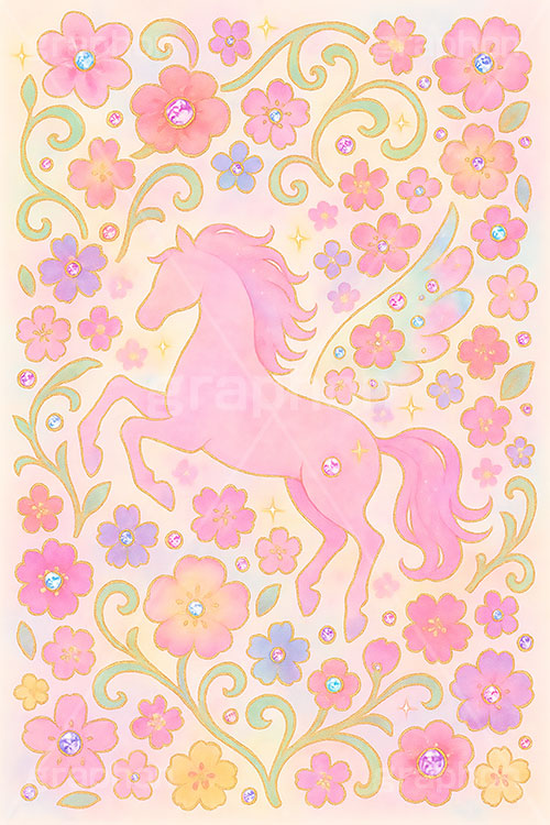 午年－水彩イラスト,パステル,カラフル,水彩,唐草模様,唐草,花柄,馬イラスト,ペガサス,午,馬,うま,ウマ,午年,干支,正月,お正月,年賀状,2026午年,午年年賀状,新年,ニューイヤー,アニバーサリー,イラスト,おしゃれ,オシャレ,メルヘン,ファンタジー,ゆめかわいい,illustration,japan,horse,pastel,pegasus