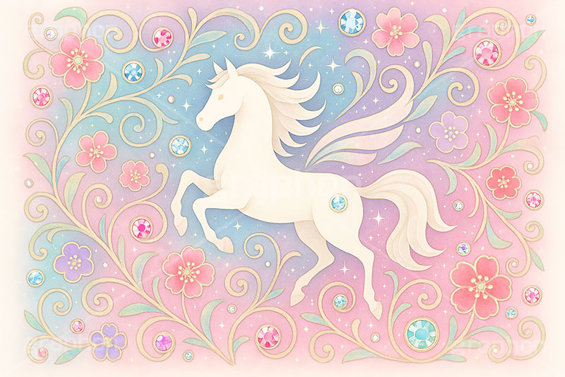 午年－水彩イラスト,パステル,カラフル,水彩,唐草模様,唐草,花柄,馬イラスト,ペガサス,午,馬,うま,ウマ,午年,干支,正月,お正月,年賀状,2026午年,午年年賀状,新年,ニューイヤー,アニバーサリー,イラスト,おしゃれ,オシャレ,メルヘン,ファンタジー,ゆめかわいい,illustration,japan,horse,pastel,pegasus