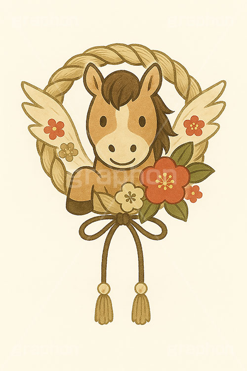 かわいい馬イラスト,馬イラスト,午,馬,うま,ウマ,ペガサス,かわいい,カワイイ,可愛い,キャラクター,しめ縄,お正月飾り,飾り,梅,午年,伝説,干支,正月,お正月,年賀状,2026午年,午年年賀状,新年,ニューイヤー,アニバーサリー,イラスト,illustration,japan,horse,cute,character