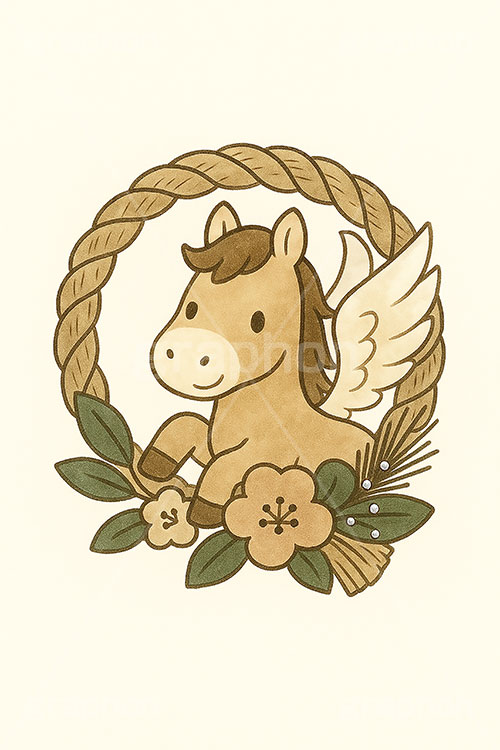 かわいい馬イラスト,馬イラスト,午,馬,うま,ウマ,ペガサス,かわいい,カワイイ,可愛い,キャラクター,しめ縄,お正月飾り,飾り,梅,午年,伝説,干支,正月,お正月,年賀状,2026午年,午年年賀状,新年,ニューイヤー,アニバーサリー,イラスト,illustration,japan,horse,cute,character
