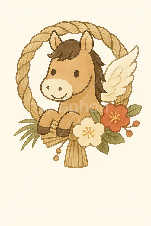かわいい馬イラスト,馬イラスト,午,馬,うま,ウマ,ペガサス,かわいい,カワイイ,可愛い,キャラクター,しめ縄,お正月飾り,飾り,梅,午年,伝説,干支,正月,お正月,年賀状,2026午年,午年年賀状,新年,ニューイヤー,アニバーサリー,イラスト,illustration,japan,horse,cute,character