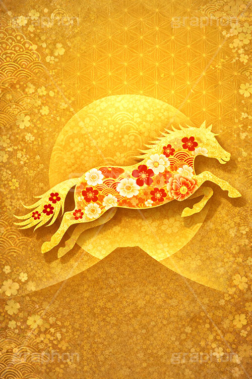 午年イラスト和柄,午年シンプルイラスト,和柄,馬イラスト,午,馬,うま,ウマ,金箔,金粉,富士山,初日の出,日の出,午年,干支,正月,お正月,年賀状,2026午年,午年年賀状,新年,ニューイヤー,アニバーサリー,イラスト,illustration,japan,horse