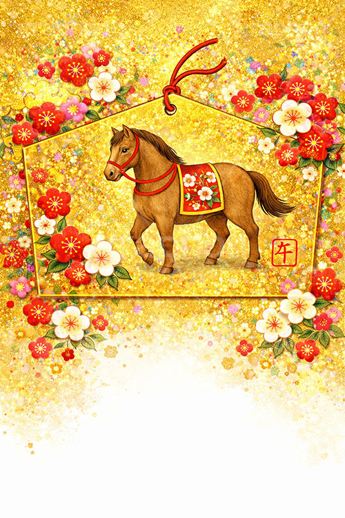 絵馬(午年),絵馬,午年イラスト和柄,和柄,馬イラスト,午,馬,うま,ウマ,金箔,金粉,梅,午年,干支,正月,お正月,年賀状,2026午年,午年年賀状,新年,ニューイヤー,アニバーサリー,イラスト,illustration,japan,horse