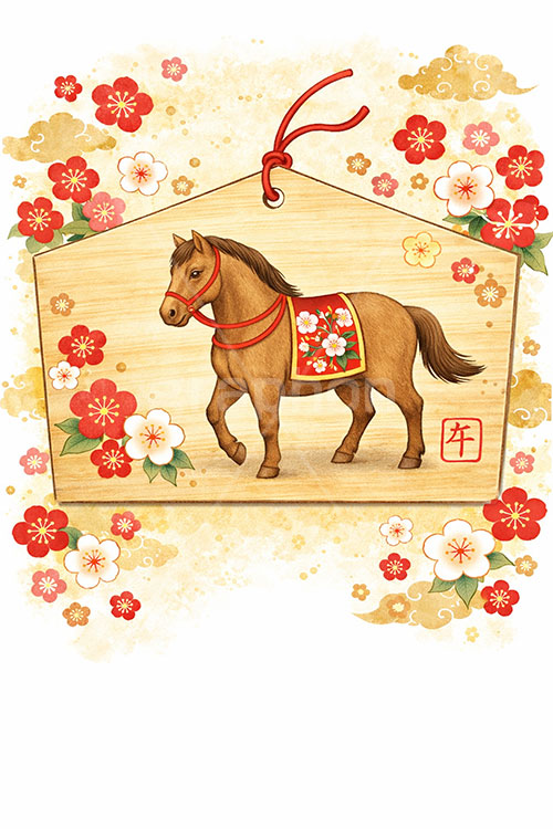 絵馬(午年),絵馬,午年イラスト和柄,和柄,馬イラスト,水彩,水彩画,午,馬,うま,ウマ,梅,午年,干支,正月,お正月,年賀状,2026午年,午年年賀状,新年,ニューイヤー,アニバーサリー,イラスト,illustration,japan,horse