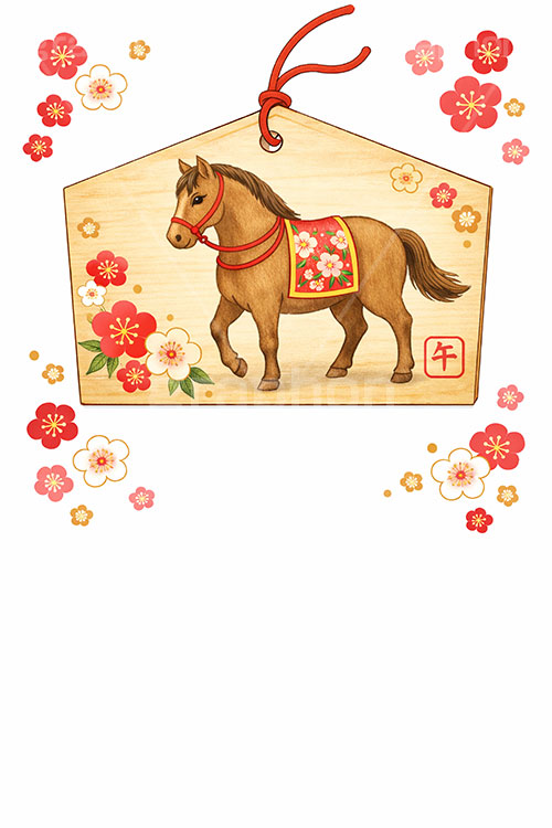 絵馬(午年),絵馬,午年イラスト和柄,和柄,馬イラスト,水彩,水彩画,午,馬,うま,ウマ,梅,午年,干支,正月,お正月,年賀状,2026午年,午年年賀状,新年,ニューイヤー,アニバーサリー,イラスト,illustration,japan,horse