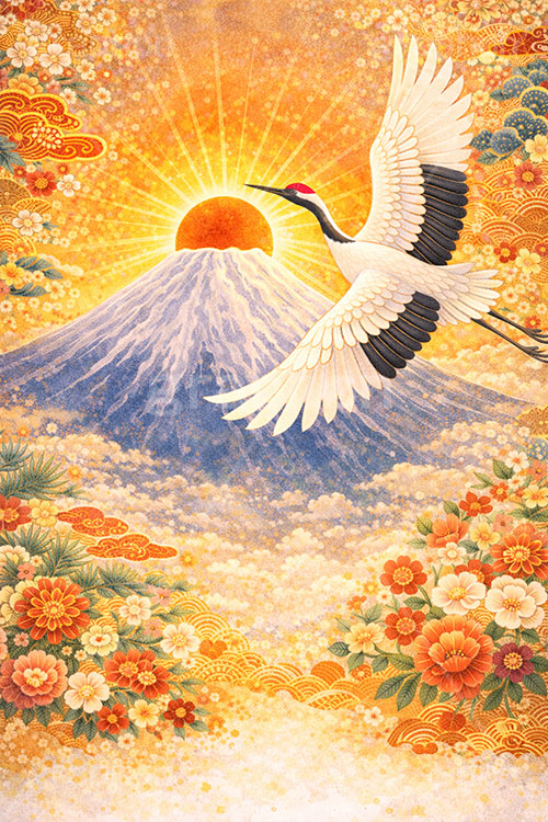 鶴のイラスト,富士山,花柄,和柄,初日の出,日の出,鶴,つる,ツル,野鳥,鳥,めでたい,正月,お正月,年賀状,新年,ニューイヤー,アニバーサリー,イラスト,illustration,japan,crane