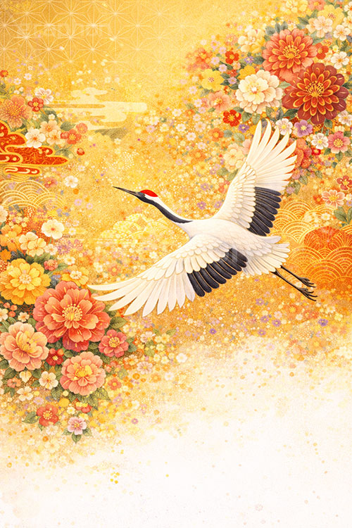 鶴のイラスト,花柄,和柄,鶴,つる,ツル,野鳥,鳥,屛風,めでたい,正月,お正月,年賀状,新年,ニューイヤー,アニバーサリー,イラスト,illustration,japan,crane