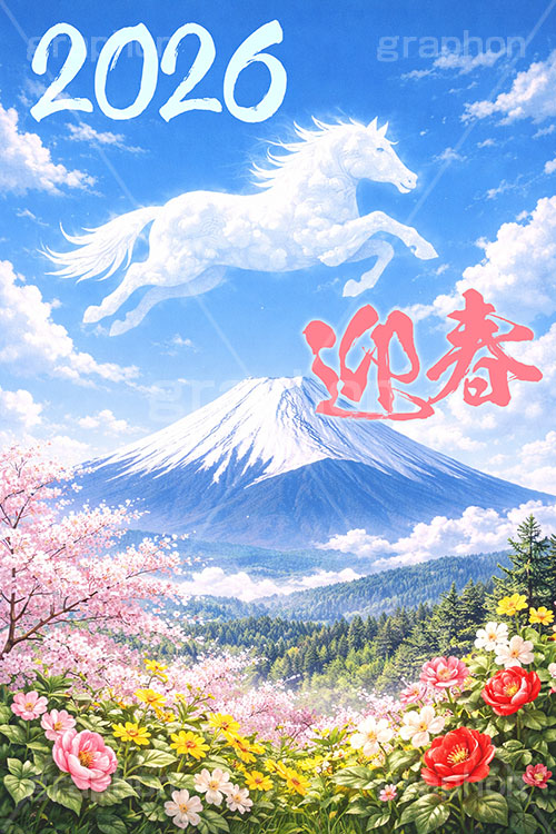 馬の雲,富士山,雲,青空,桜,椿,ツバキ,2026,迎春,馬イラスト,午,馬,うま,ウマ,午年,干支,正月,お正月,年賀状,2026午年,午年年賀状,新年,ニューイヤー,アニバーサリー,イラスト,illustration,japan,horse