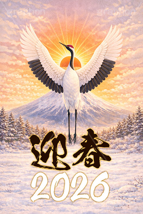 鶴のイラスト,2026,迎春,富士山,雪,雪景色,雪化粧,初日の出,日の出,鶴,つる,ツル,野鳥,鳥,めでたい,正月,お正月,年賀状,新年,ニューイヤー,アニバーサリー,イラスト,illustration,japan,crane