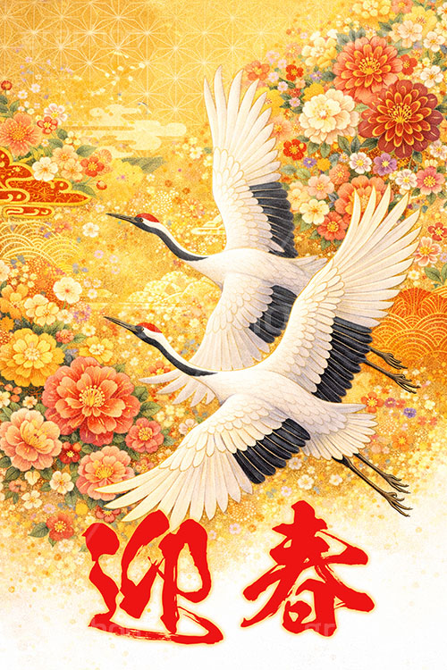鶴のイラスト,迎春,花柄,和柄,鶴,つる,ツル,野鳥,鳥,屛風,めでたい,正月,お正月,年賀状,新年,ニューイヤー,アニバーサリー,イラスト,illustration,japan,crane