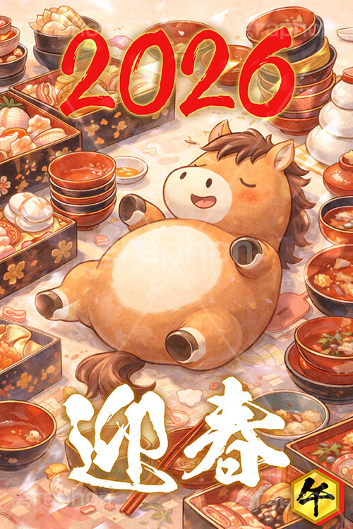 満腹,おせち,おせち料理,お雑煮,鏡餅,鏡もち,2026,迎春,馬イラスト,午,馬,うま,ウマ,かわいい,カワイイ,キャラクター,午年,干支,正月,お正月,年賀状,2026午年,午年年賀状,新年,ニューイヤー,アニバーサリー,イラスト,illustration,japan,horse