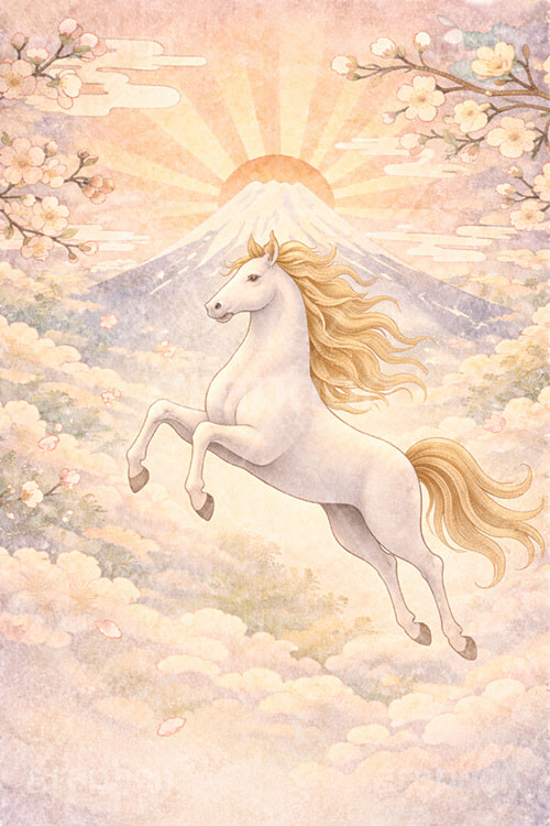 初日の出(午年),馬イラスト,午,馬,うま,ウマ,富士山,初日の出,日の出,午年,干支,正月,お正月,梅,梅の花,水彩,水彩画,年賀状,2026午年,午年年賀状,新年,ニューイヤー,アニバーサリー,イラスト,illustration,japan,horse