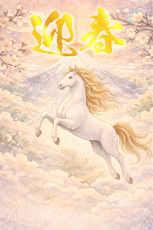 初日の出(午年),迎春,馬イラスト,午,馬,うま,ウマ,富士山,初日の出,日の出,午年,干支,正月,お正月,梅,梅の花,水彩,水彩画,年賀状,2026午年,午年年賀状,新年,ニューイヤー,アニバーサリー,イラスト,illustration,japan,horse