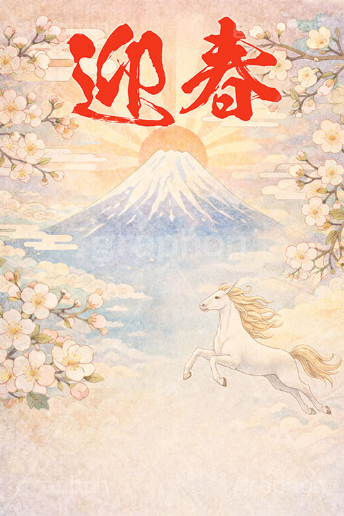 初日の出(午年),迎春,馬イラスト,午,馬,うま,ウマ,富士山,初日の出,日の出,午年,干支,正月,お正月,梅,梅の花,水彩,水彩画,年賀状,2026午年,午年年賀状,新年,ニューイヤー,アニバーサリー,イラスト,illustration,japan,horse