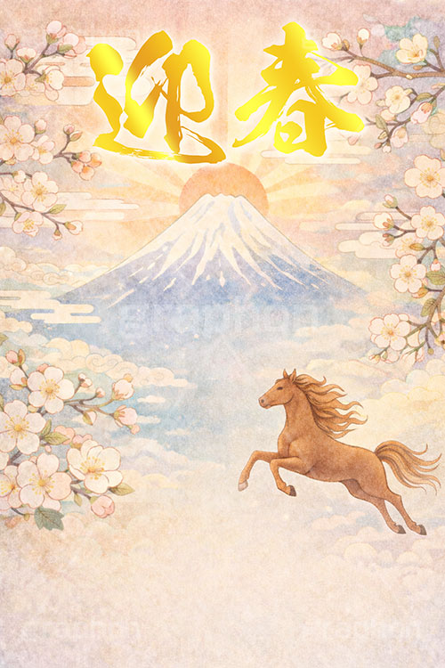 初日の出(午年),迎春,馬イラスト,午,馬,うま,ウマ,富士山,初日の出,日の出,午年,干支,正月,お正月,梅,梅の花,水彩,水彩画,年賀状,2026午年,午年年賀状,新年,ニューイヤー,アニバーサリー,イラスト,illustration,japan,horse