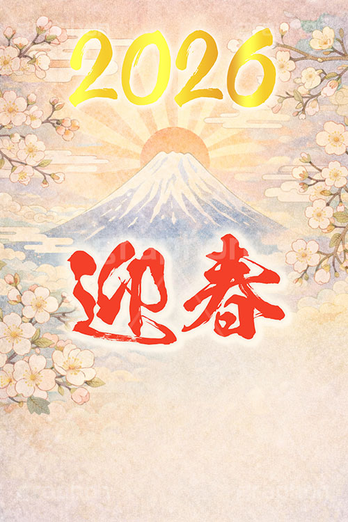 2026初日の出,2026,迎春,初日の出,富士山,初日の出,日の出,正月,お正月,梅,梅の花,水彩,水彩画,年賀状,新年,ニューイヤー,アニバーサリー,イラスト,illustration,japan