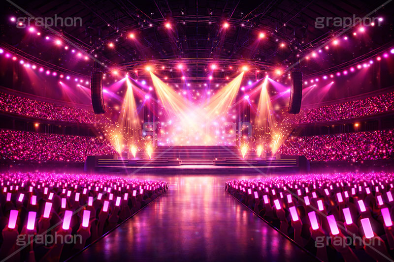 ライブステージ,ステージ,推し,推し活,舞台,ライブ,ライヴ,コンサート,アイドル,シアター,ホール,サイリウム,ペンライト,メンバーカラー,背景,照明,音楽,主役,ミュージック,ライト,スポットライト,イラスト,illustration,light,frame,hall,theater,live,stage,music