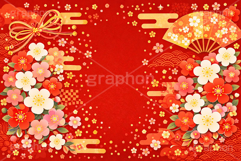 和柄背景,年賀,年賀状,お正月,正月,和柄,花柄,和,和風,派手,豪華,雲柄,波柄,紐,扇子,梅,おめでたい,ひな祭り,雛祭り,ひなまつり,event,japan