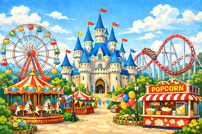 遊園地の背景,遊園地,テーマパーク,アトラクション,ジェットコースター,メリーゴーランド,観覧車,売店,ポップコーン,お城,キャッスル,背景,amusement,themepark,castle