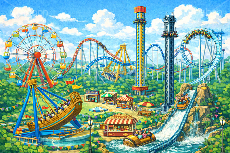 遊園地の背景,遊園地,テーマパーク,アトラクション,ジェットコースター,絶叫,フリーフォール,バイキング,ウォータースライダー,観覧車,売店,ポップコーン,背景,amusement,themepark