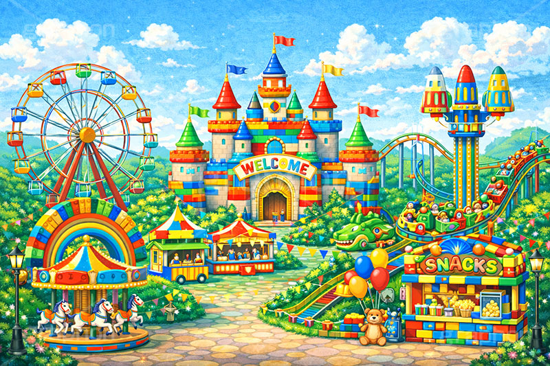 遊園地の背景,遊園地,テーマパーク,アトラクション,ジェットコースター,メリーゴーランド,観覧車,売店,ポップコーン,お城,キャッスル,ブロック,子供,こども,テディベア,背景,amusement,themepark,castle