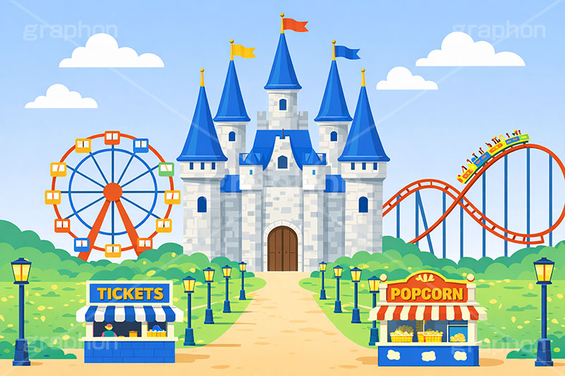 遊園地の背景,遊園地,テーマパーク,アトラクション,ジェットコースター,観覧車,売店,ポップコーン,お城,キャッスル,チケット,背景,amusement,themepark,castle,ticket