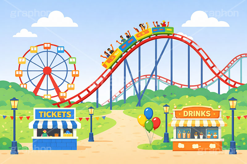 遊園地の背景,遊園地,テーマパーク,アトラクション,ジェットコースター,観覧車,売店,ポップコーン,チケット,背景,amusement,themepark,ticket