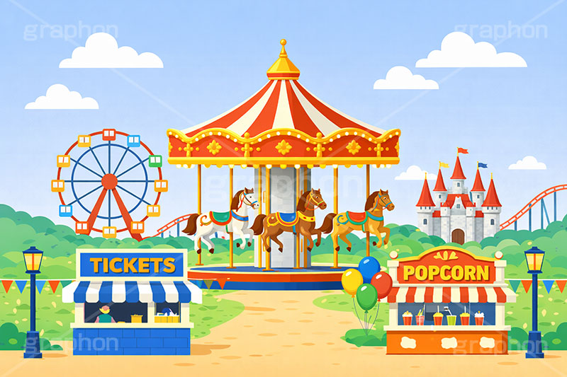 遊園地の背景,遊園地,テーマパーク,アトラクション,ジェットコースター,メリーゴーランド,観覧車,売店,ポップコーン,お城,キャッスル,チケット,背景,amusement,themepark,castle,ticket