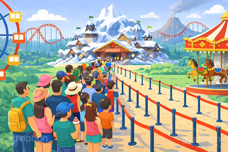 人気アトラクション,人気,行列,待ち時間,混雑,遊園地の背景,遊園地,火山,雪山,テーマパーク,アトラクション,ジェットコースター,メリーゴーランド,観覧車,背景,amusement,themepark