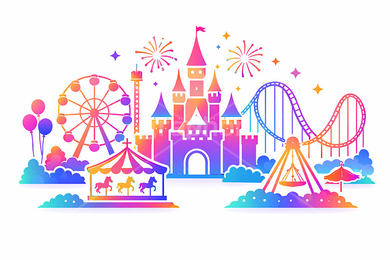 遊園地シルエット,シルエット,遊園地の背景,遊園地,テーマパーク,アトラクション,ジェットコースター,メリーゴーランド,観覧車,花火,風船,フリーフォール,バイキング,お城,キャッスル,背景,グラデーション,gradation,amusement,themepark,castle,balloon