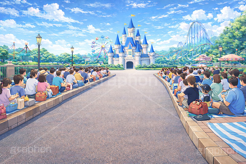 パレード待ち,パレード,待ち,地蔵,待ち時間,混雑,レジャーシート,遊園地の背景,遊園地,テーマパーク,アトラクション,ジェットコースター,観覧車,お城,キャッスル,背景,amusement,themepark,castle,parade