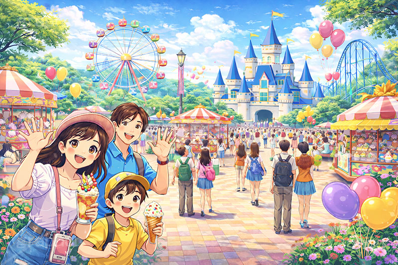 遊園地,遊園地の背景,親子,家族,子供,こども,ファミリー,思い出,記念撮影,テーマパーク,アトラクション,ジェットコースター,アイス,アイスクリーム,パフェ,スイーツ,デザート,食べ歩き,観覧車,風船,バルーン,売店,お城,キャッスル,背景,amusement,themepark,castle,family,balloon