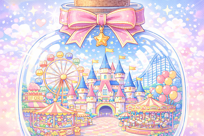 平成レトロな遊園地,平成レトロ,平成,レトロ,遊園地の背景,遊園地,瓶,ビン,びん,かわいい,カワイイ,可愛い,メルヘン,テーマパーク,アトラクション,ジェットコースター,メリーゴーランド,ハート,バルーン,風船,観覧車,売店,お城,キャッスル,背景,amusement,themepark,castle,game,heart,balloon