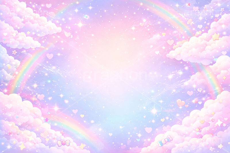 メルヘン背景,レインボー,七色,なないろ,カラフル,メルヘン,パステル,かわいい,カワイイ,キラキラ,可愛い,空,雲,天空,イラスト,illustration,japan,rainbow,colorful,pastel,cute,AI生成素材