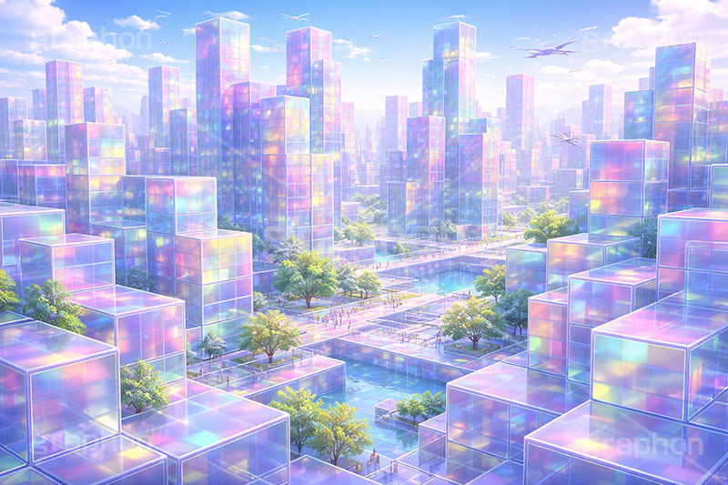 キューブワールド,キューブ,ワールド,アクリル,透明,透け,立体,立方体,箱,未来,近未来,都会,都市,街,ビル,デジタル,不思議,cube,box,digital,future,city,building,AI生成素材