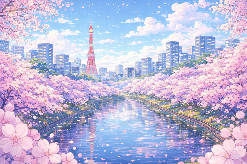 都会の桜,都会,川,桜,さくら,サクラ,花見,ブロッサム,春,花,花びら,花弁,背景,イラスト,blossom,spring,flower,AI生成素材