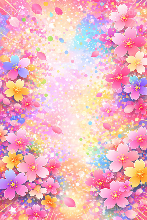 カラフル・ブロッサム,カラフル,桜,さくら,サクラ,花見,ブロッサム,春,花,花びら,花弁,背景,POP,ポップ,イラスト,blossom,spring,flower,colorful,AI生成素材