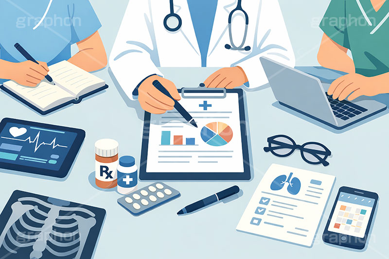 医療,医師,通院,病院,診察,タブレット,資料,会議,ミーティング,お繰り合わせ,問題,医療問題,社会問題,ヘルスケア,ケア,メディカル,健康,人物,キャラクター,イラスト,illustration,healthcare,health,hospital,medical,AI生成素材