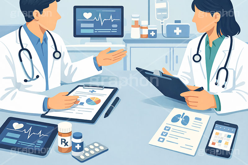 医療,医師,通院,病院,診察,タブレット,資料,会議,ミーティング,お繰り合わせ,問題,医療問題,社会問題,ヘルスケア,ケア,メディカル,健康,人物,キャラクター,イラスト,illustration,healthcare,health,hospital,medical,AI生成素材