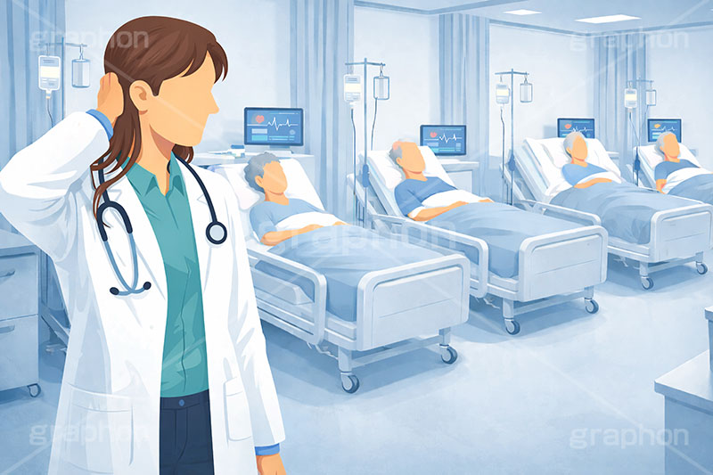 高齢化,医師不足,人員不足,医師,医療,通院,病院,診察,病室,問題,医療問題,社会問題,ヘルスケア,ケア,メディカル,健康,人物,キャラクター,おじいさん,おばあさん,おじさん,おばさん,お年寄り,高齢者,シニア,イラスト,illustration,healthcare,health,hospital,medical,AI生成素材