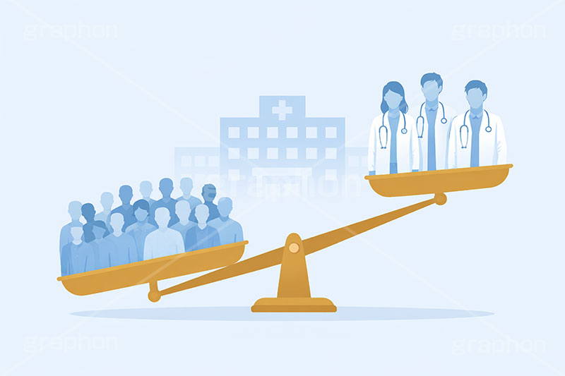 医師不足,人員不足,医療問題,天秤,てんびん,社会問題,問題,高齢化,医師,医療,通院,病院,診察,病室,ヘルスケア,ケア,メディカル,健康,人物,キャラクター,おじいさん,おばあさん,おじさん,おばさん,お年寄り,高齢者,シニア,イラスト,illustration,healthcare,health,hospital,medical,AI生成素材