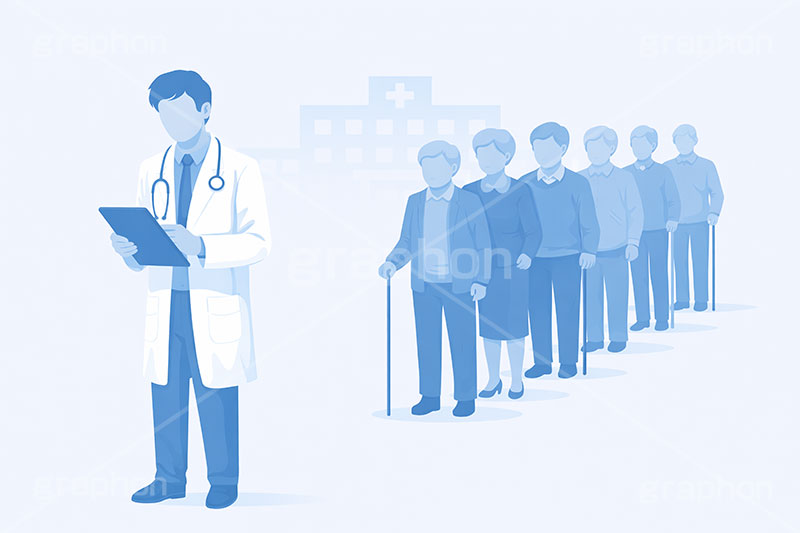 医師不足,人員不足,行列,殺到,医療問題,社会問題,問題,高齢化,医師,医療,通院,病院,診察,病室,ヘルスケア,ケア,メディカル,健康,人物,キャラクター,おじいさん,おばあさん,おじさん,おばさん,お年寄り,高齢者,シニア,イラスト,illustration,healthcare,health,hospital,medical,AI生成素材