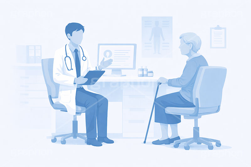 診察,通院,診察室,高齢化,医師,医療,病院,病室,問題,医療問題,社会問題,ヘルスケア,ケア,メディカル,健康,人物,キャラクター,おばあさん,おばさん,お年寄り,高齢者,シニア,イラスト,illustration,healthcare,health,hospital,medical,AI生成素材