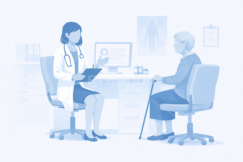 診察,通院,診察室,高齢化,医師,医療,病院,病室,問題,医療問題,社会問題,ヘルスケア,ケア,メディカル,健康,人物,キャラクター,おばあさん,おばさん,お年寄り,高齢者,シニア,イラスト,illustration,healthcare,health,hospital,medical,AI生成素材